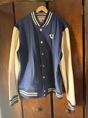 True Religion Varsity Jacket | Navy/Cream Wool Blend | Size 3XL